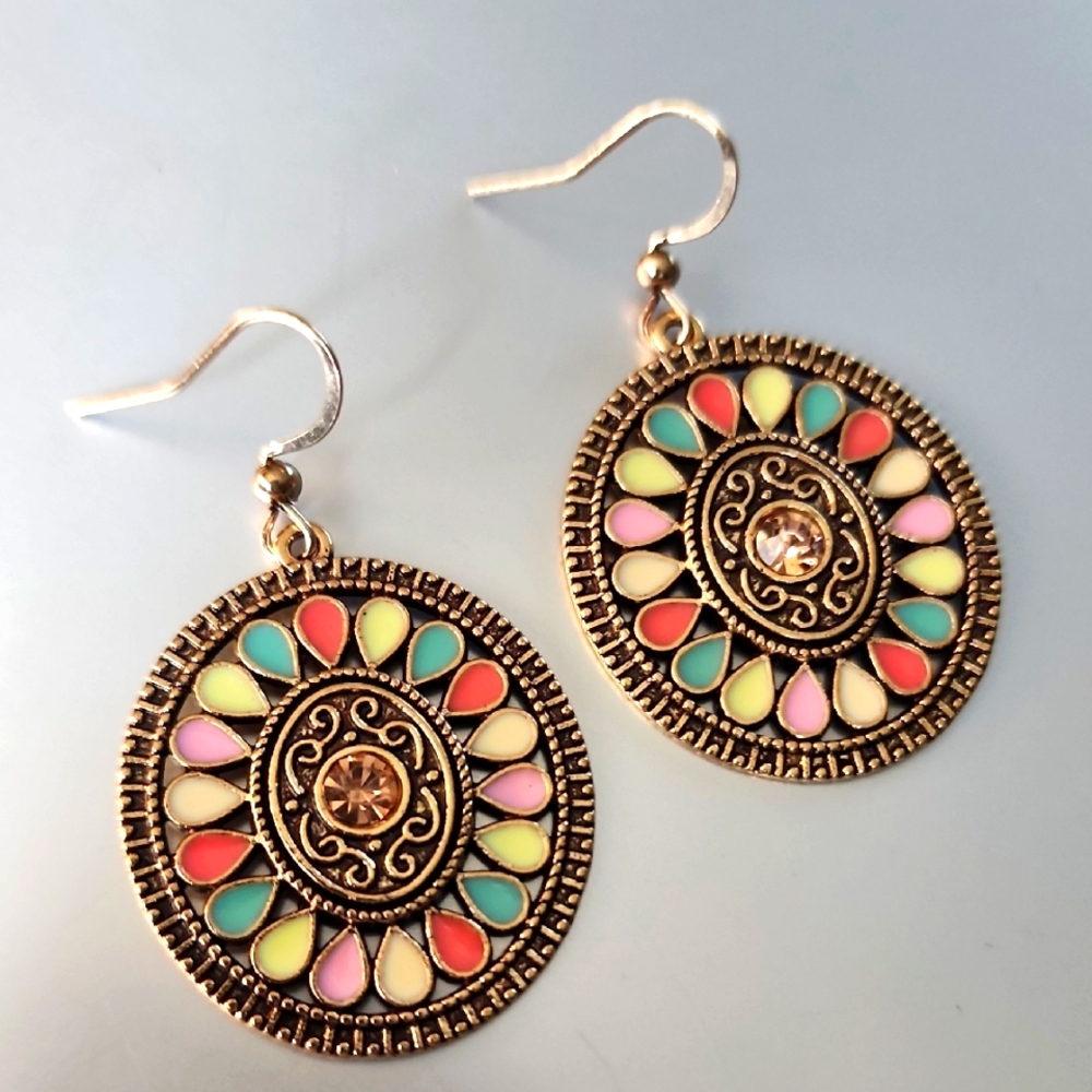 Boho ANTIQUE GOLD earrings Disc GEMSTONE - Picture 1 of 3